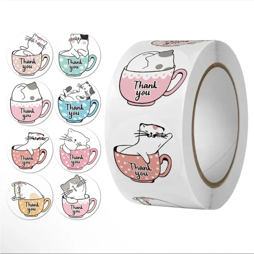 Roll of 500 Cute Kitty Cat in Teacup Round Thank You Stickers Coffee Mug